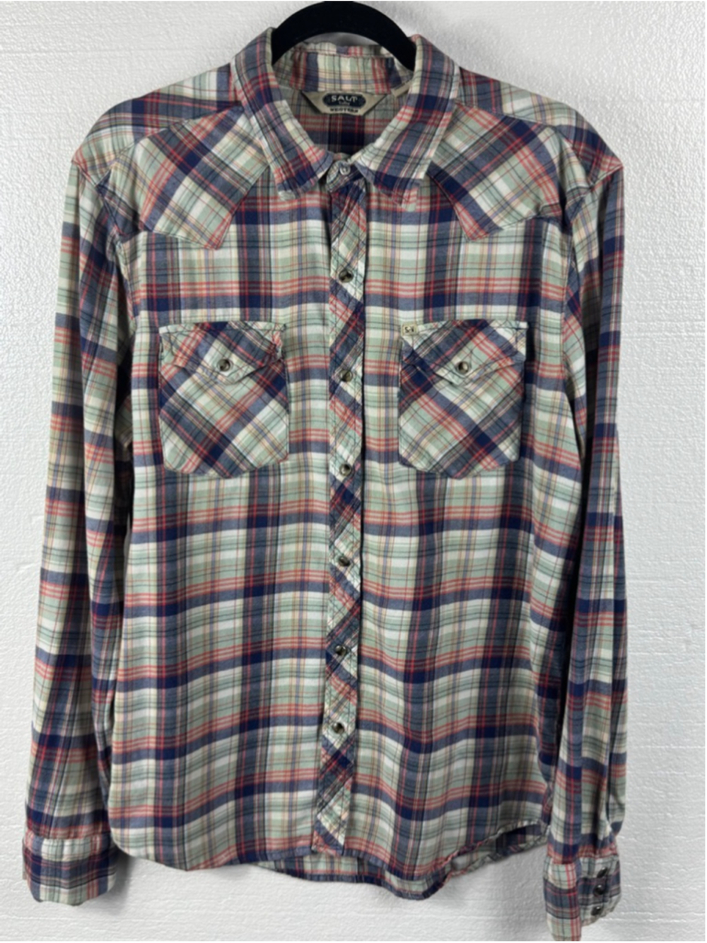 Men’s Salt Valley Western Plaid Casual Button Down Shirt Pearl Snap size Large